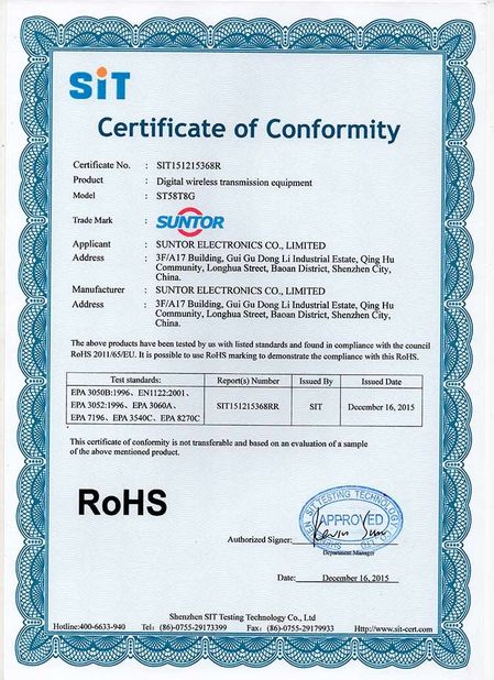 Китай SUNTOR ELECTRONICS CO.,LIMITED Сертификаты